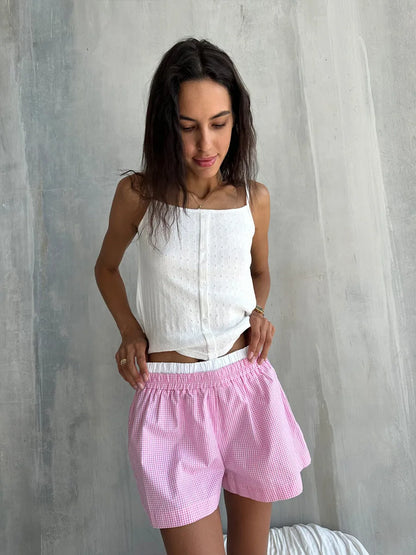 Muzuleva 100% Cotton Pink Patchwork Checkered Pajama Set Spring New Long Sleeved Shorts Pajamas Women's Casual Home Clothes