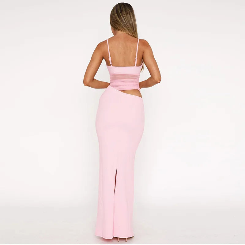 Mesh Thin Shoulder Strap Women's Plus Size Dress Sexy High Street Low Collar Patch Long Robe Women's Party Vest