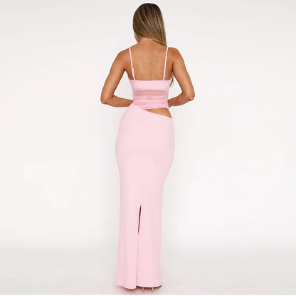 Mesh Thin Shoulder Strap Women's Plus Size Dress Sexy High Street Low Collar Patch Long Robe Women's Party Vest