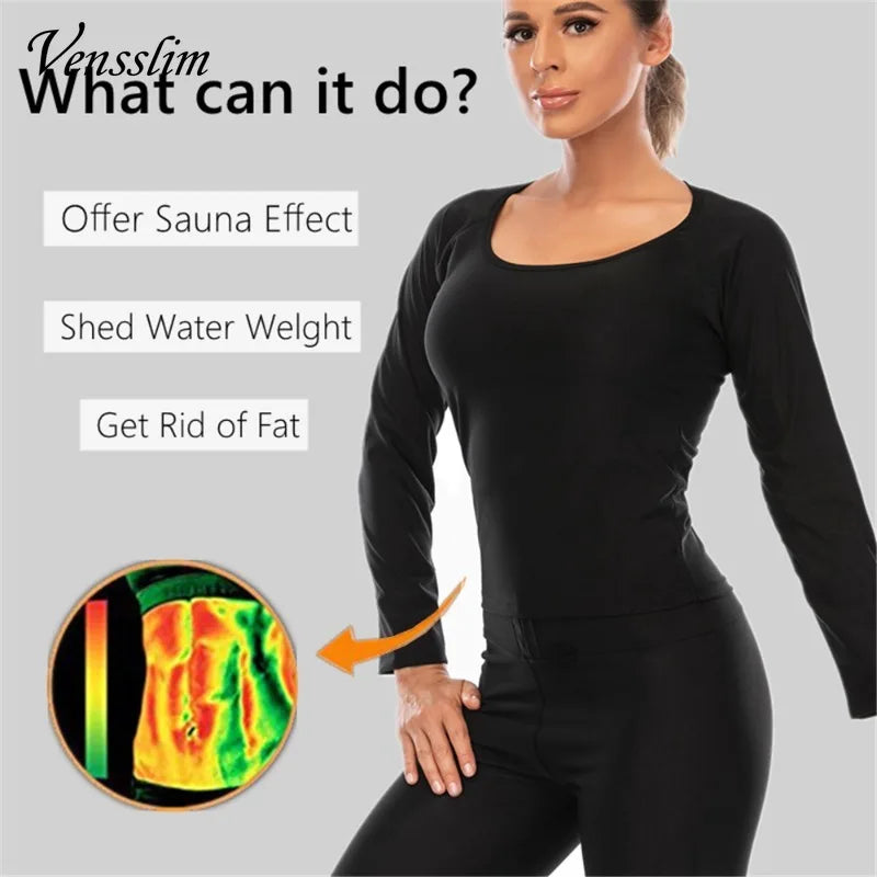 Vensslim Body Shaper Sauna Suits Sweat Slimming Waist Trainer Corset Long Sleeve Fat Burn Shirt Women Workout Tummy Control Tops