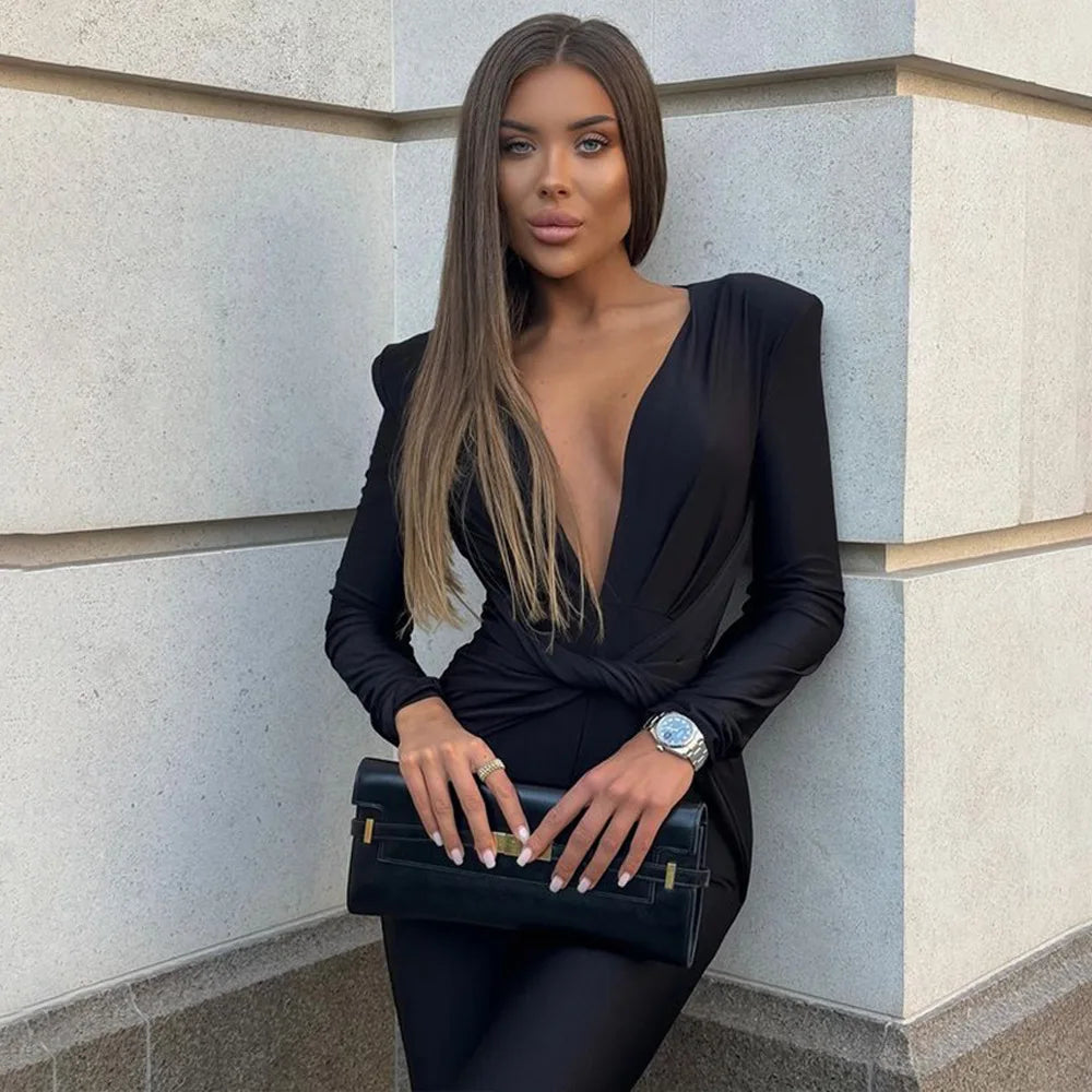 JUISSA MO Sexy Deep V-neck Ruched Women Jumpsuit Long Sleeve High Waist Playsuit Female Winter Bodycon Elegant Sporty Clothing Badiee Stylez