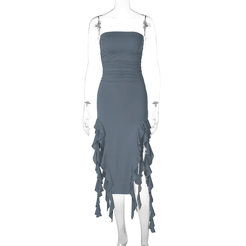 WonMiracle Elegant Strapless Dress Women Irregular Tassel 2024 Summer Trend Skinny Split Maxi Bodycon Party Dress For Women GRAY