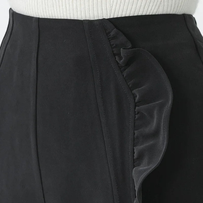 VOA Black 45 Momme Heavyweight Silk Natural Waist Trousers Asymmetrical Ruffle Office Ladies Straight Suit Wide Leg Pants KE797 Badiee Stylez