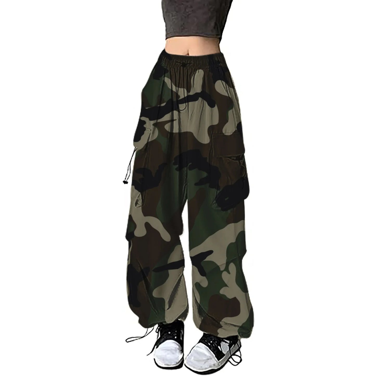 Womens Camouflage Cargo Pants Streetwear Hip Hop Baggy Trousers Casual Drawstring Joggers Pockets Loose Wide Leg Sweatpants