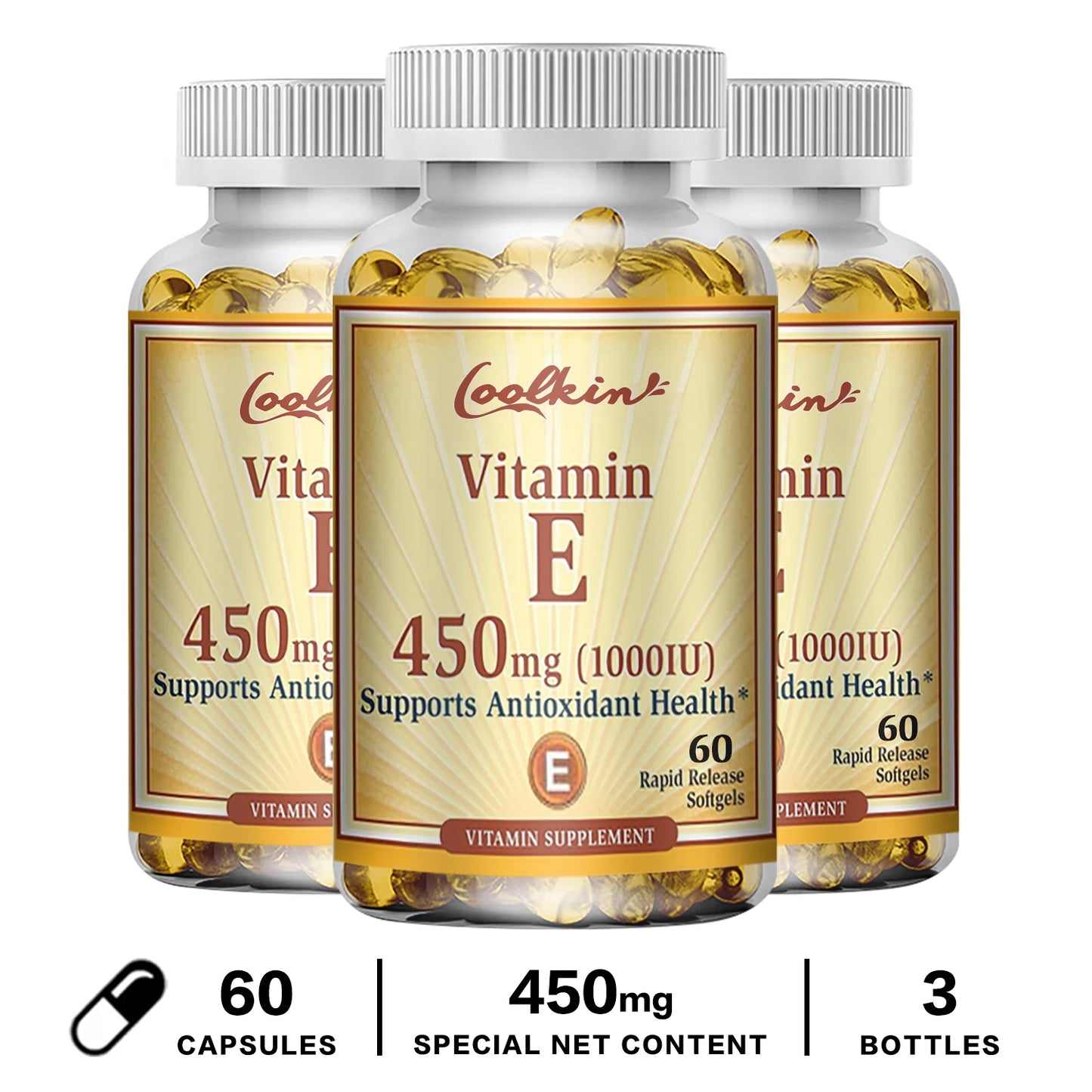 Vitamin E Capsules 450mg - Skin Firming, Wrinkle Reduction, Anti-aging, Antioxidant 60 Capsule-3bottles