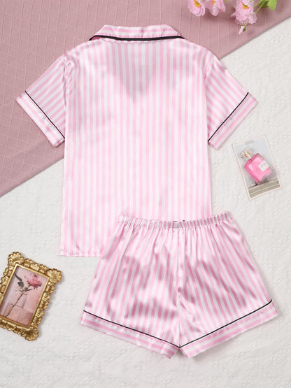 Satin Silk Women Pajamas Set Short-Sleeved Student Homewear Two-Piece Cardigan Lapel Senior Sense of Pink Striped Large Size