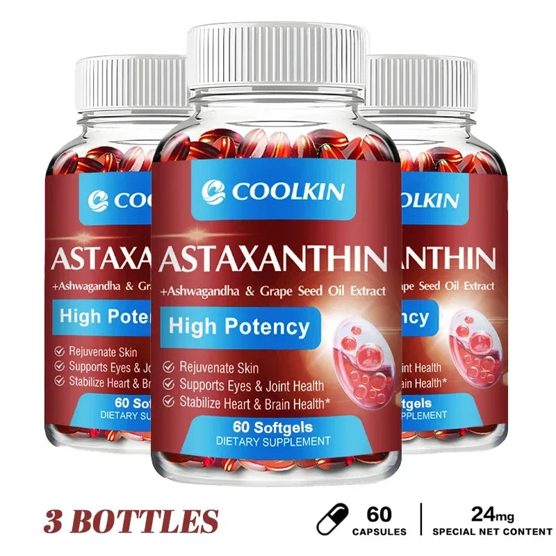 Astaxanthin 24mg - with Ashwagandha, Grape Seed Oil Extract - for Joint, Brain, Immune and Heart Support Diet 60 Capsule-3bottles
