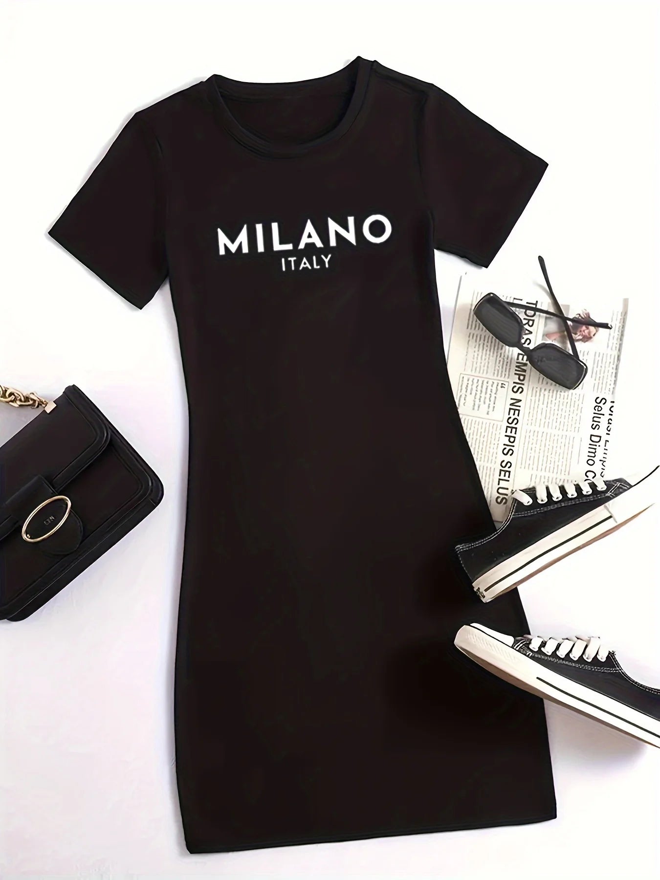 Summer new women's MILANO ITALY letter pattern cartoon print casual slim fit sexy short sleeved round neck T-shirt mini dress Badiee Stylez