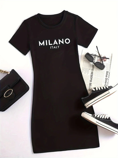 Summer new women's MILANO ITALY letter pattern cartoon print casual slim fit sexy short sleeved round neck T-shirt mini dress Badiee Stylez
