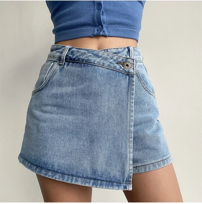 Elegant Slimming High-waisted A- line Denim Shorts Women's Summer New 2023 Light Color Two-piece Illusion Design Slim Fit