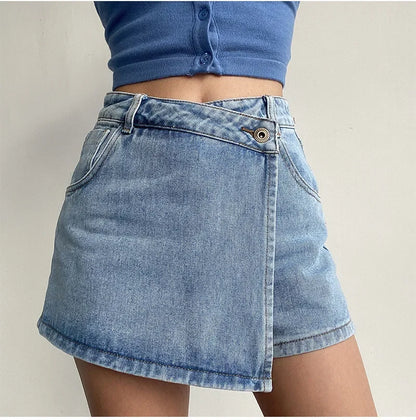 Elegant Slimming High-waisted A- line Denim Shorts Women's Summer New 2023 Light Color Two-piece Illusion Design Slim Fit