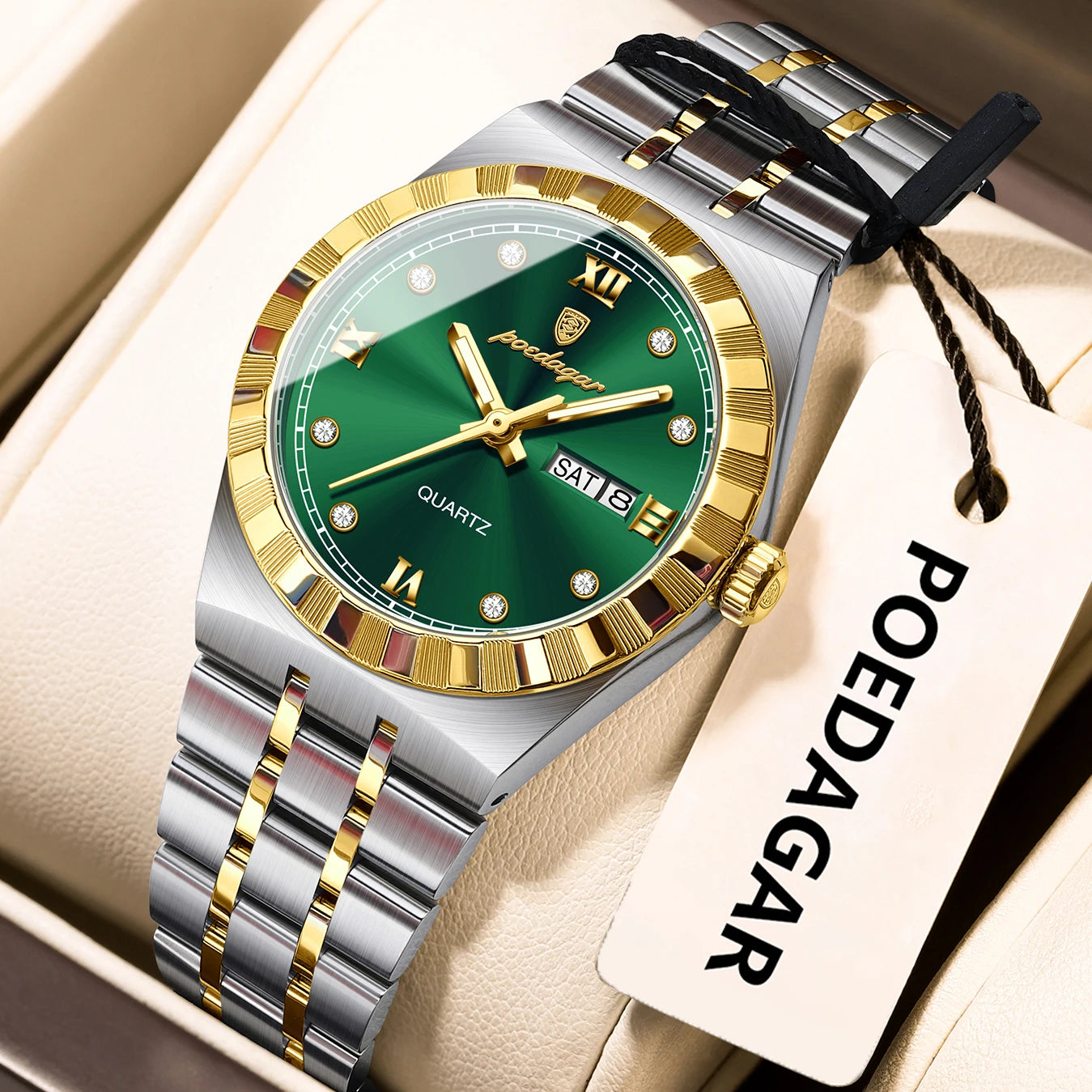 POEDAGAR Luxury Original Ladies Watch Luminous Waterproof Week Date Woman Wristwatch Stainless Steel Women Quartz Watches Female 794 Gold Green