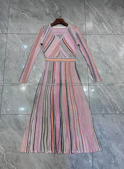 Women V Neck Long Sleeve Bright Silk Color Mosaic Stripe Waist Temperament Long Knitted Dress Badiee Stylez