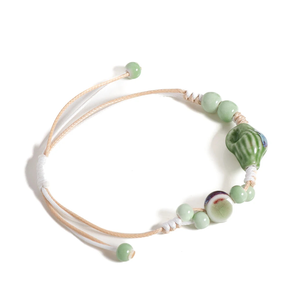 Ethnic Boho Handmade Ceramic Seashell Bracelet Adjustable Woven Vintage Jewelry Gift for Women S02-034