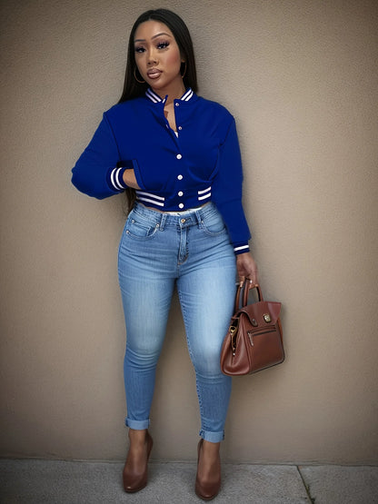 Spring and Autumn European and N Women's Pure Color Jacket Single-breasted Baseball Jacket Jacket Blue