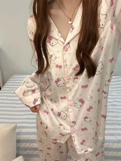 Hello Kitty Women's Sweet Polka Dot Pajama Set - Spring/Fall Long Sleeve & Pants Loungewear, Cute Home & Outdoor Wear