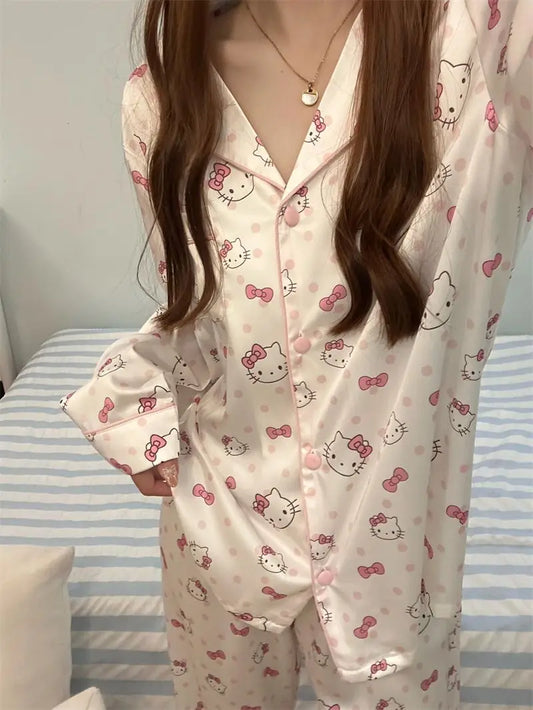 Hello Kitty Women's Sweet Polka Dot Pajama Set - Spring/Fall Long Sleeve & Pants Loungewear, Cute Home & Outdoor Wear