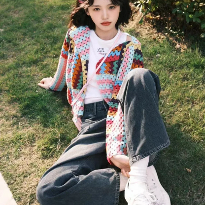 Colorful Crochet Knitted Hollow Cardigan Sweater Jacket New Top Loose Women's Clothing