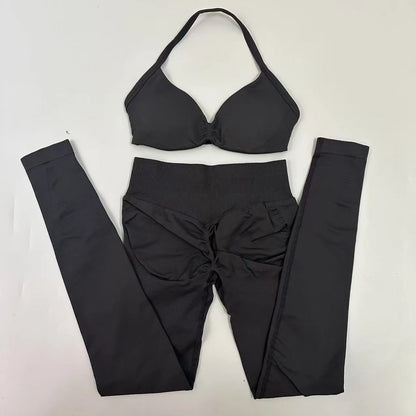 No Logo Seamless Yoga Set Women Workout Scrunch Leggings Set Strappy Halter Sports Bra Fitness Gym Clothing Workout Set 2 Pieces Badiee Stylez