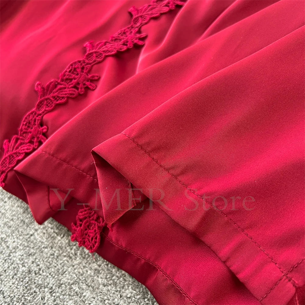 Sexy Embroider Edge Lady Kimono Bathrobe Dress Gown Mesh Sleeve Wedding Long Robe Sleepwear Loose Silk Satin Nightwear Lingerie