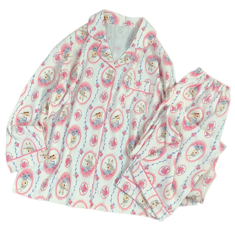 Spring and Autumn Women's New Cloud Cotton Pajamas Homewear Set Students Sweet Printing Long Sleeves Long Pants Pajamas Homewear