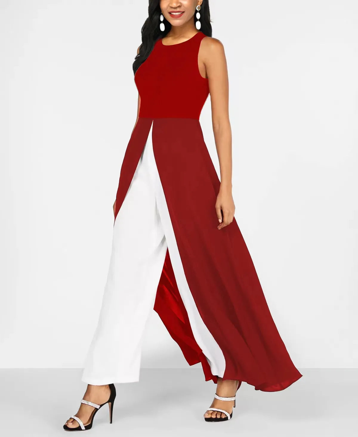 Women Summer Jumpsuit Milk Silk Patchwork Splicing Chiffon Slim Round Neck Sleeveless Jumpsuit Woman Vestidos YML00372 Badiee Stylez