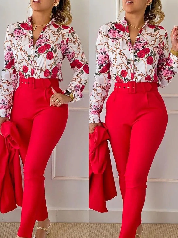 Women's Shirt 2 Pieces Suit Set 2024 Fall Print V Neck Long Sleeve Top Casual High Waist Pockets Work Female Clothes Pants Set Red