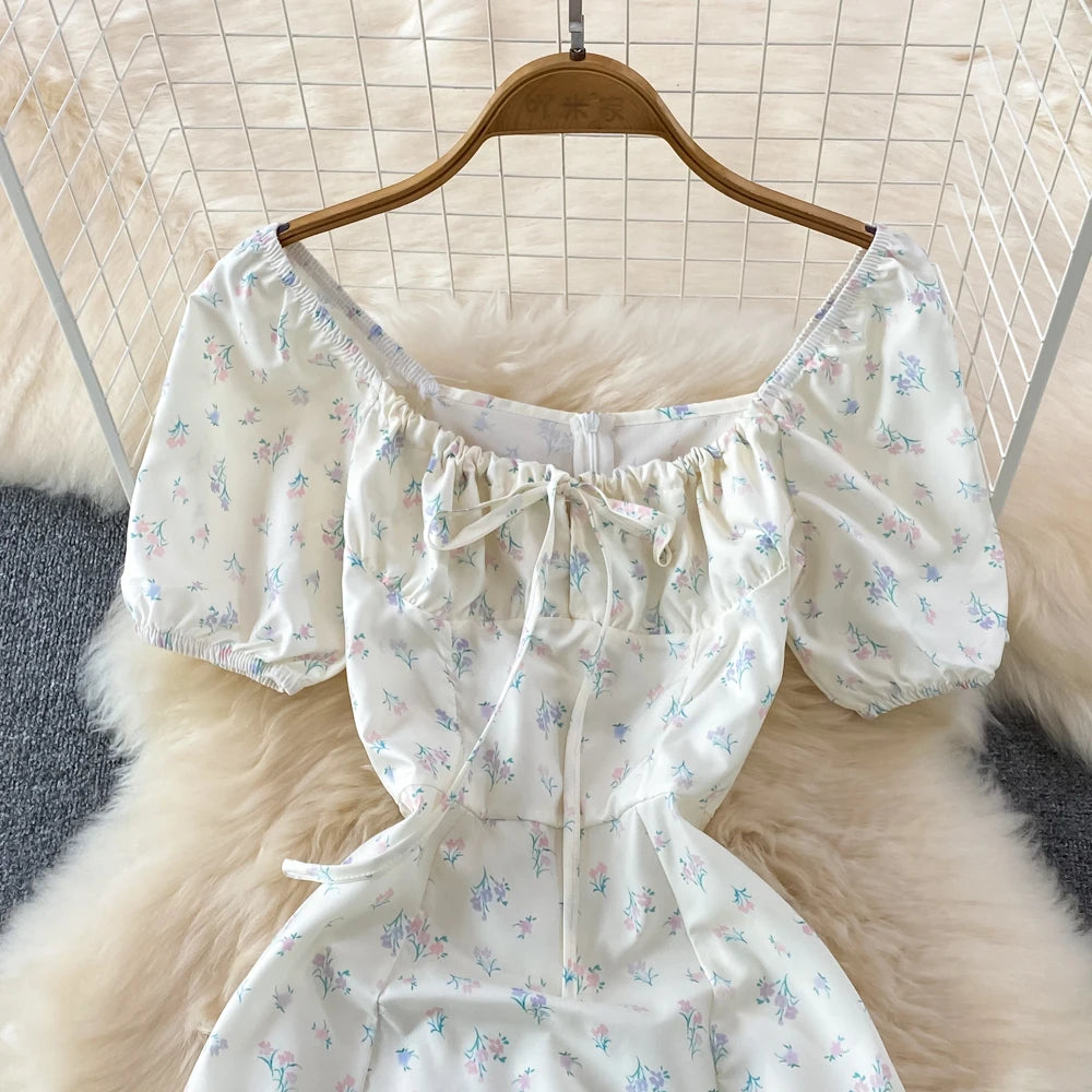 Summer Vintage Dress Blue Floral Summer Bubble Sleeve Tie Up Sexy Dresses Women A-line Print Split Long Dress Elegant Vestidos