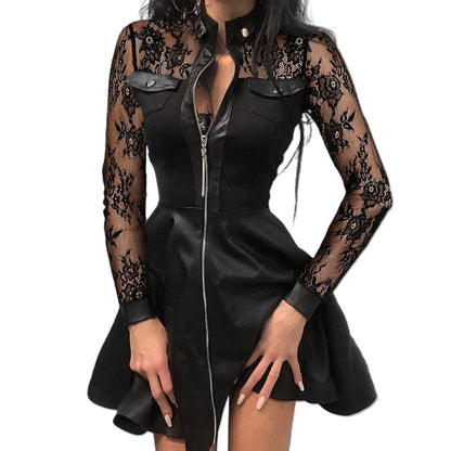 Women Long Sleeve Zipper Pocket Large Hem Faux Leather Lace Mini Dress Women's Clothing Elegant Fashion Party Dress vestidos 5XL Black 2