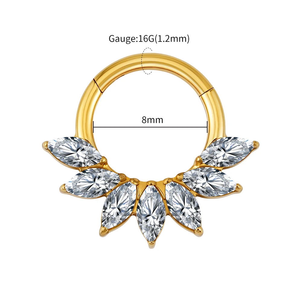 Right Grand 16G Marquise CZ Hinged Segment Hoop Nose Ring ASTM F136 Titanium Septum Piercing Cartilage Daith Hoop Earring Gold 1.2x8mm