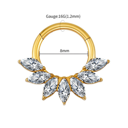 Right Grand 16G Marquise CZ Hinged Segment Hoop Nose Ring ASTM F136 Titanium Septum Piercing Cartilage Daith Hoop Earring Gold 1.2x8mm