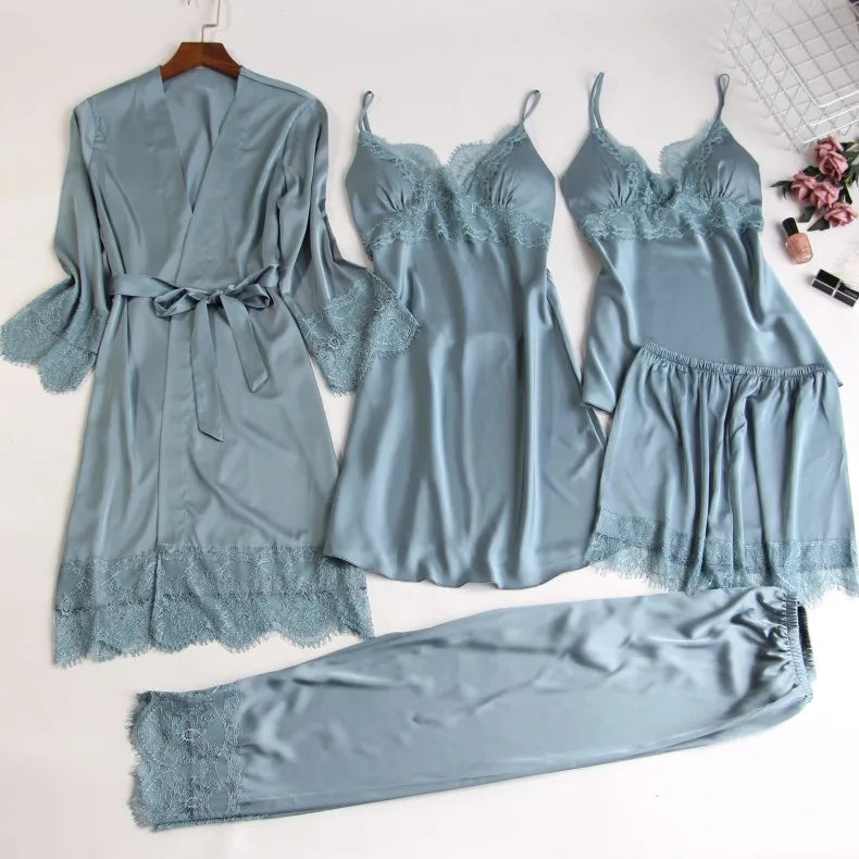 White 5PCS Sleep Set Pajamas Lady Lace Satin Pyjamas Kimono Bath Gown Loose Sleepwear Home Cloting V-Neck Casual Nightwear Lake Blue A