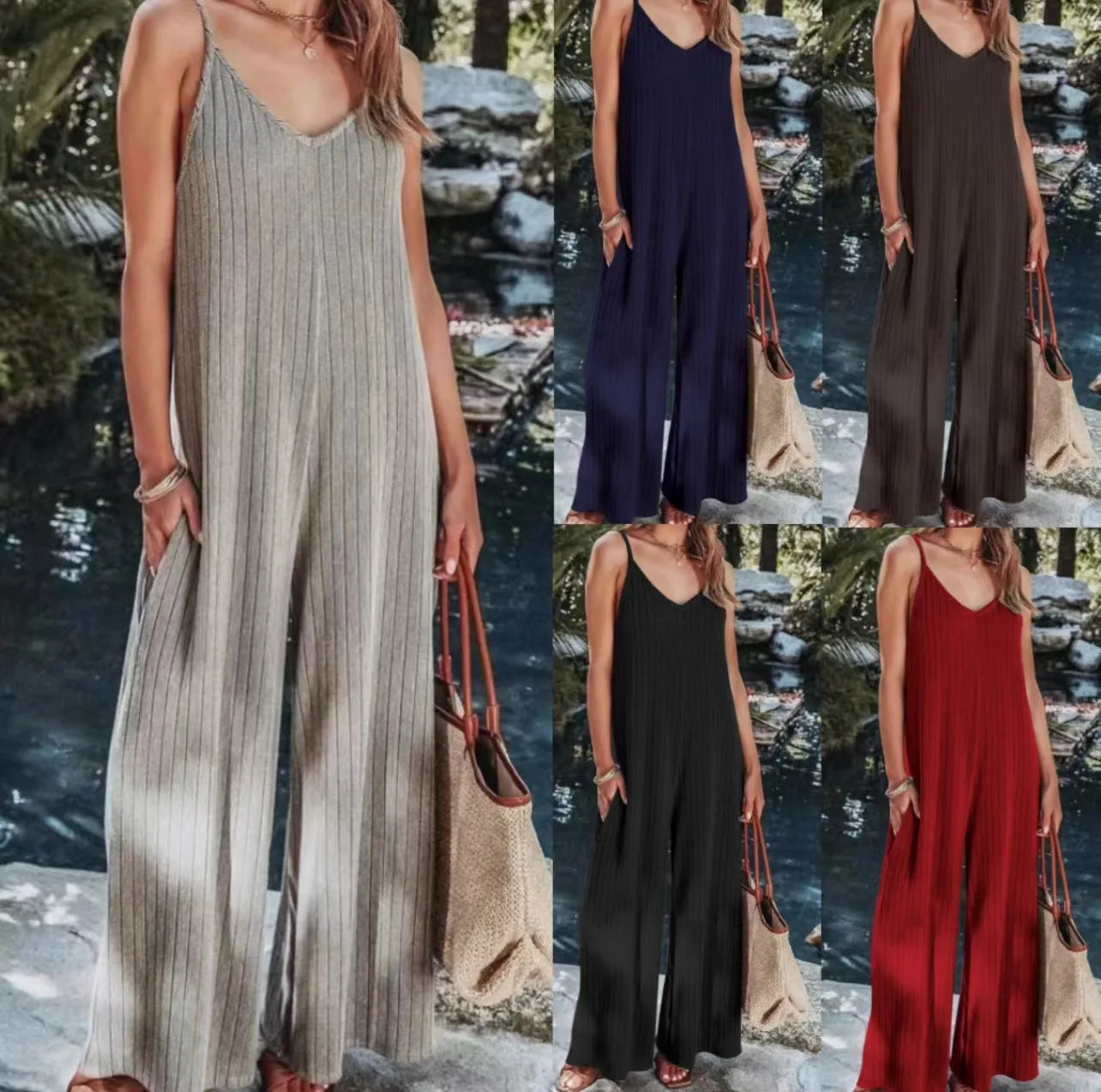 2023 AliExpress Europe and America New Jumpsuit Women's Cross border Summer Female Thread Backless Solid Color Sexy jumpsuit Badiee Stylez