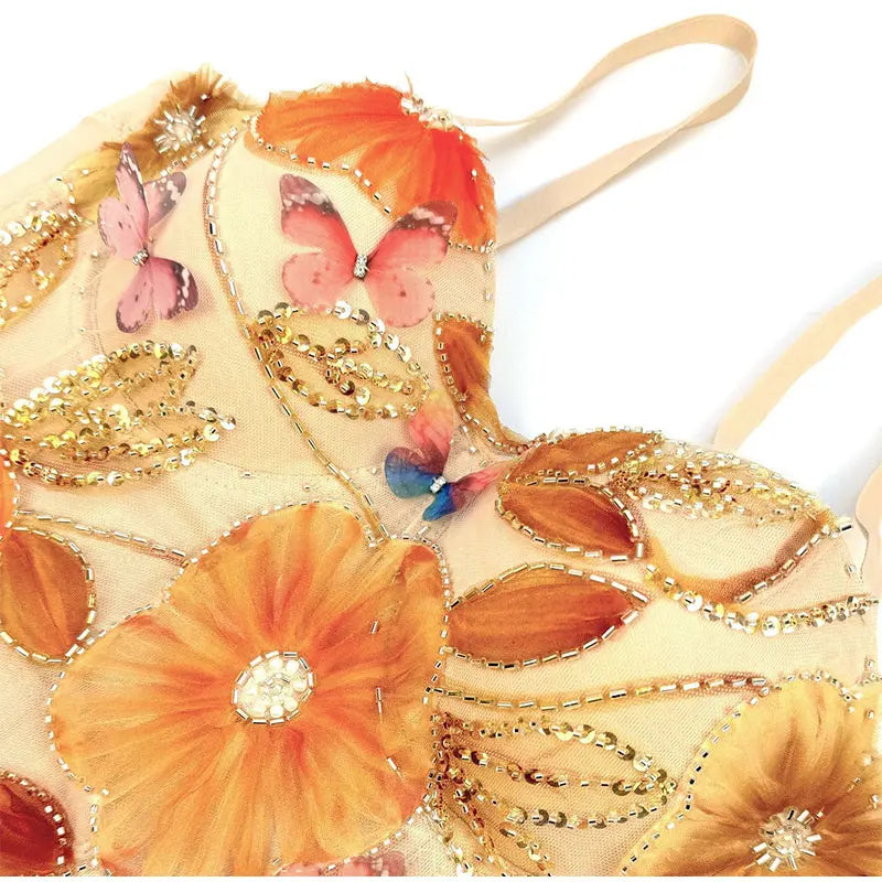 Flower Embroidery Bead Fish Bone Suspender Women Bra Sexy Exposed Waist Metal Buckle Top Party Vacation Female Tops 2025 Summer