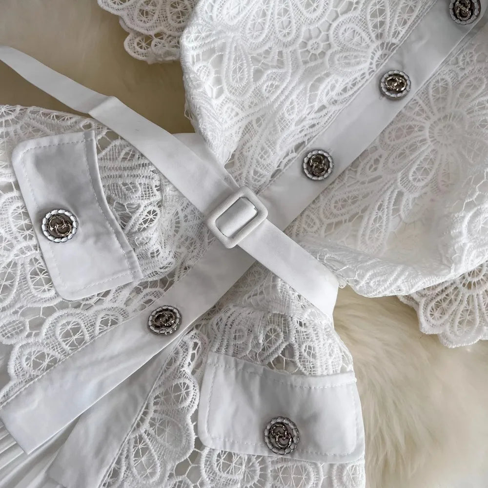 Summer Elegant Crochet Lace Patchwork Chiffon Pleated Dress Women's Short Sleeve Hollow Out Flower Buttons Belt Runway Vestidos