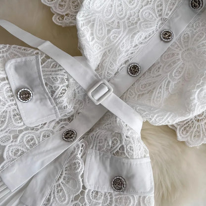 Summer Elegant Crochet Lace Patchwork Chiffon Pleated Dress Women's Short Sleeve Hollow Out Flower Buttons Belt Runway Vestidos