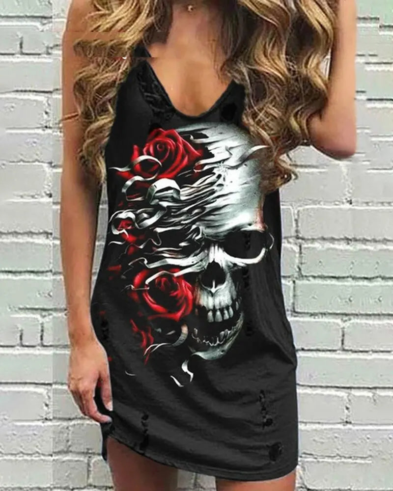 Skull Scarf Sunglasses Print Women Sleeveless Summer Vest dress Solid Color Dress Streetwear O-Neck Casual