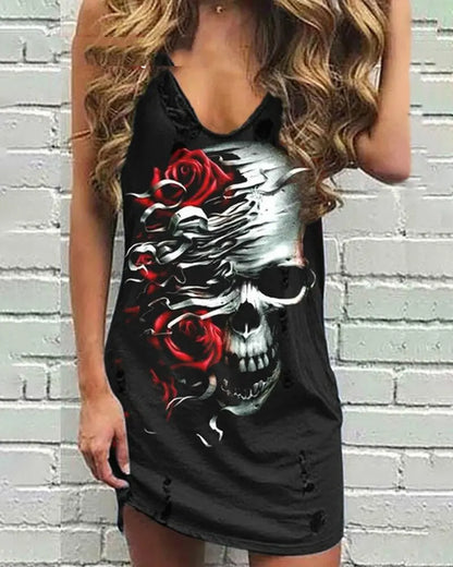 Skull Scarf Sunglasses Print Women Sleeveless Summer Vest dress Solid Color Dress Streetwear O-Neck Casual