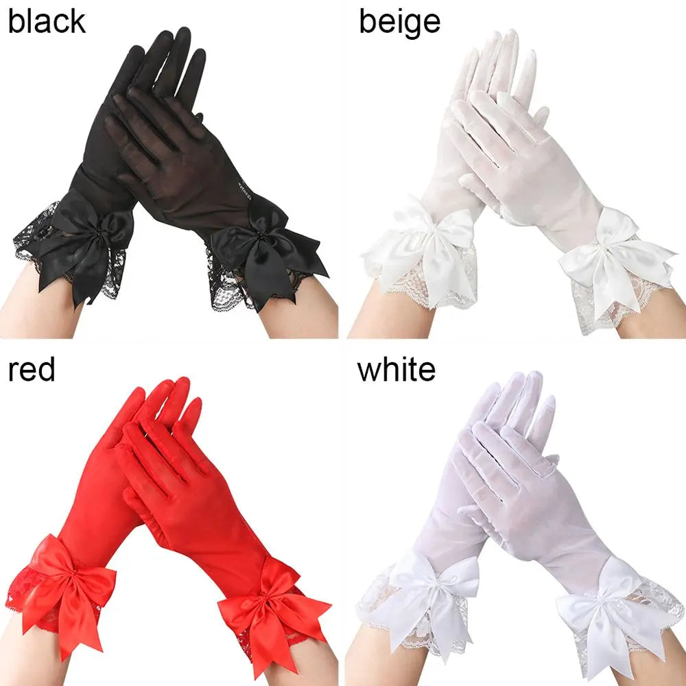 Fashion Bride Bow Lace Chiffon Gloves Women White Gloves Sunscreen Driving Gloves Marriage Party Accessories