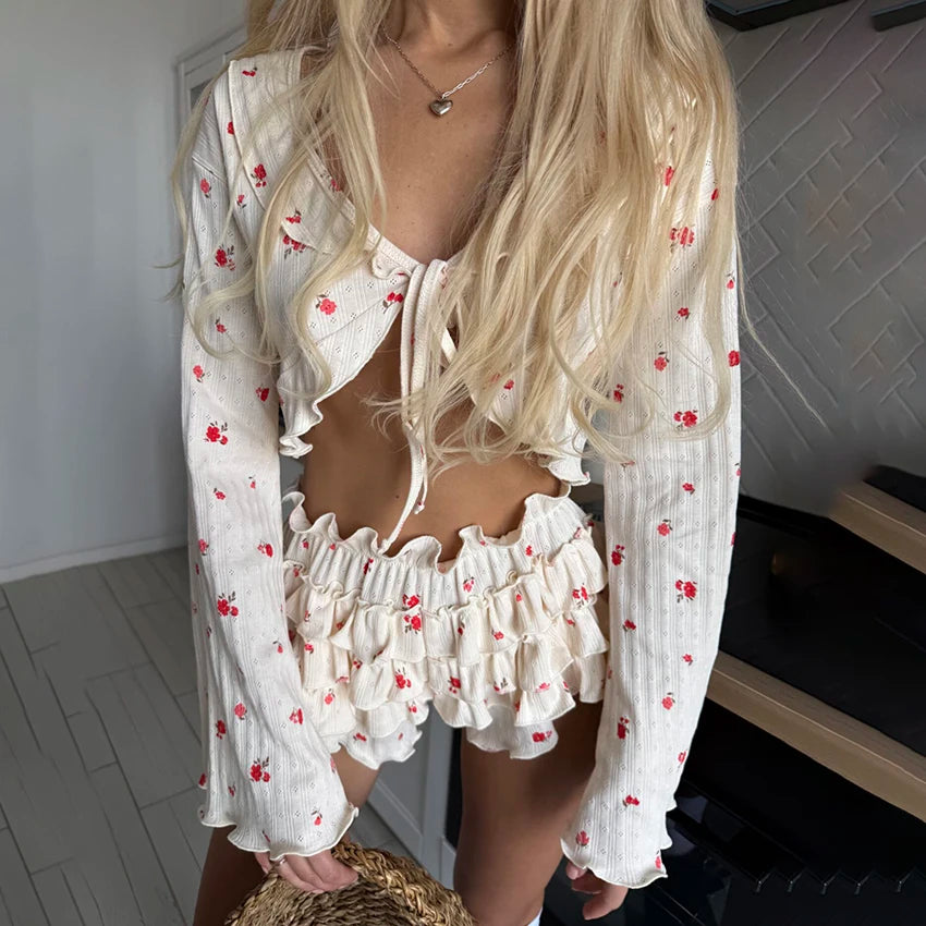 Hiloc Home Ruffles Cute Print Shorts Suits Pajamas For Women Summer Flare Sleeve Wrap Blouse With Elastic Waist Shorts 2 Piece Print