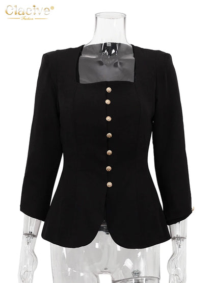Clacive Bodycon Black Office Women's Shirt Fashion Square Collar Long Sleeve Shirts Elegant Classic Solid Tops Female Clothing