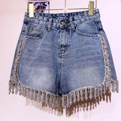 Sexy Wimen Rhinestones Fringed High Waist Hot Drilling Denim Shorts Diamonds Tassels Jeans Hot Pants Chic Crystal Short Trousers