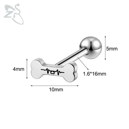 ZS 1 Piece 14G Stainless Steel Tongue Piercing Ring Colorful Butterfly Bone Tongues Stud Punk Skull Snake Body Piercings Jewelry Style 6-Black