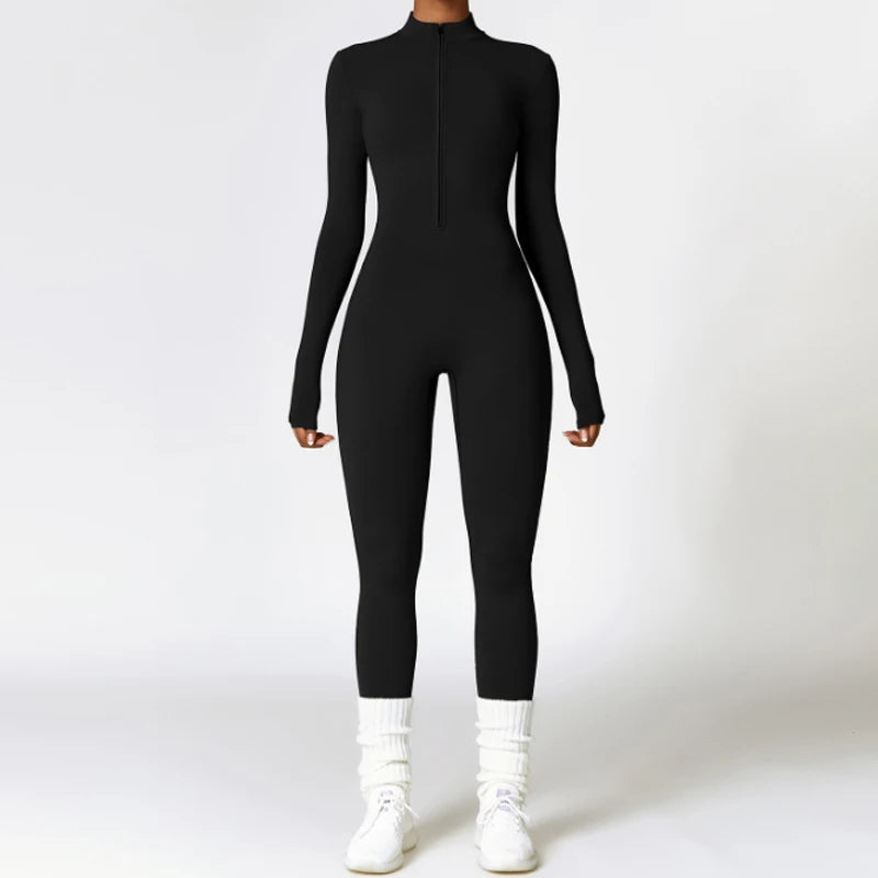 Warm Thin Fleece Jumpsuits Women's Tracksuit Winter One-Piece Sports Suit Black Fitness Jumpsuit Long Sleeves Workout Bodysuit Badiee Stylez