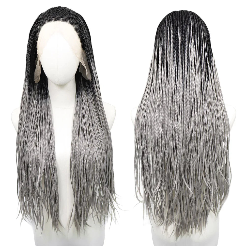 Ombre Blue Box Braided Wigs for Women 26inch Knotless Goddess Box Braid Lace Front Wig Colored Crochet Braid Synthetic Wig Ombre Grey 26inches 13x3 Lace Front