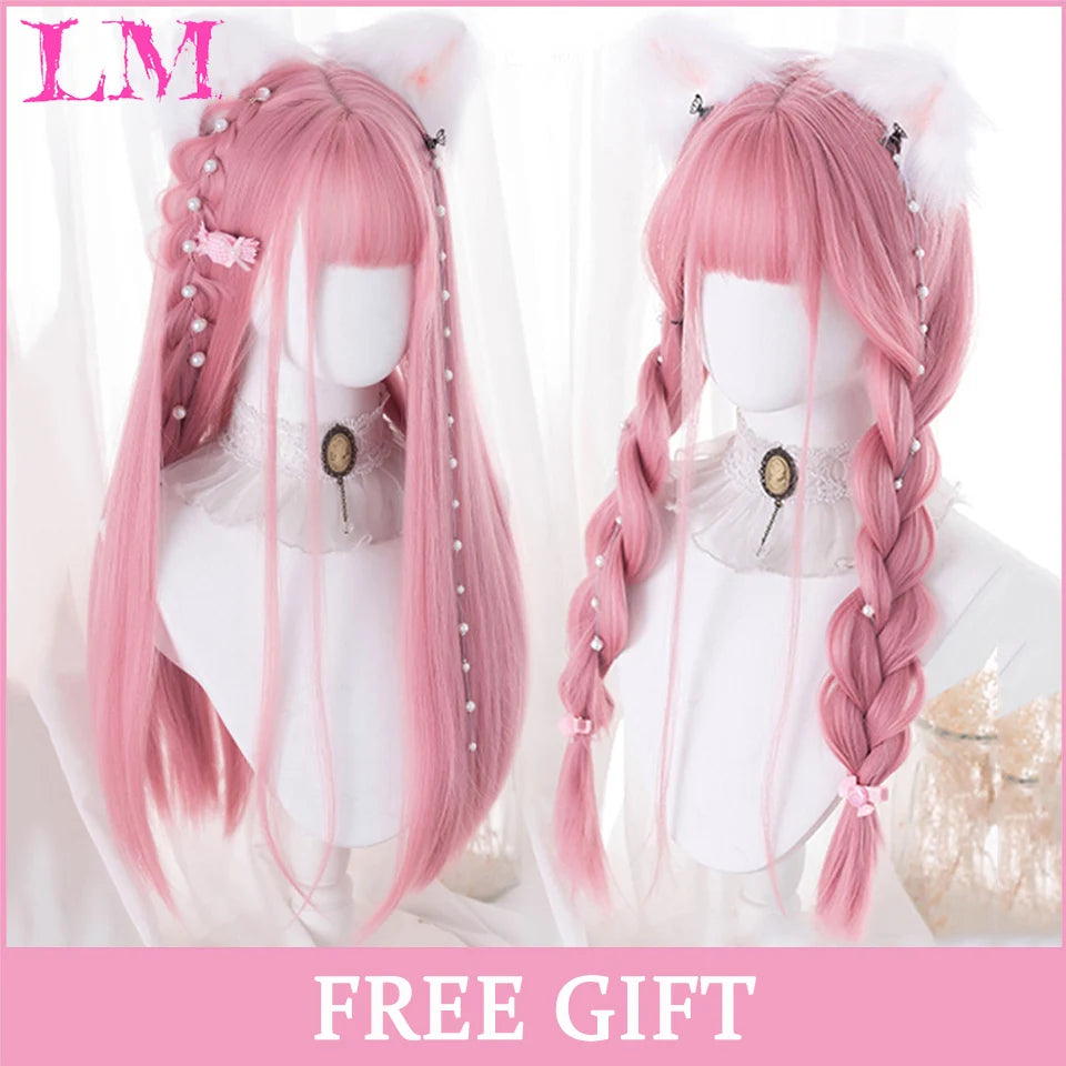 LM Long Silky Straight Synthetic Wigs with Bangs Black Cosplay Party Lolita Hair Wigs for Women Natural Heat Resistant Wig LIANGMO 2