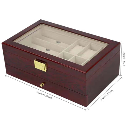 Double Layer Watch Storage Box with Drawer - Glass Display Case for Sunglasses Rings Bracelets Earrings Necklaces Jewelry Organi