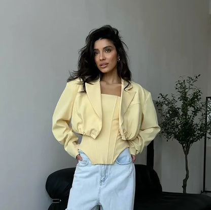 Two Piece Set Fishbone Strapless Vest Top Suit Short Jacket Solid Color Slim Fit Fashion Women Tank Blouse Waist Cinched Coat Yellow 2PCS Set