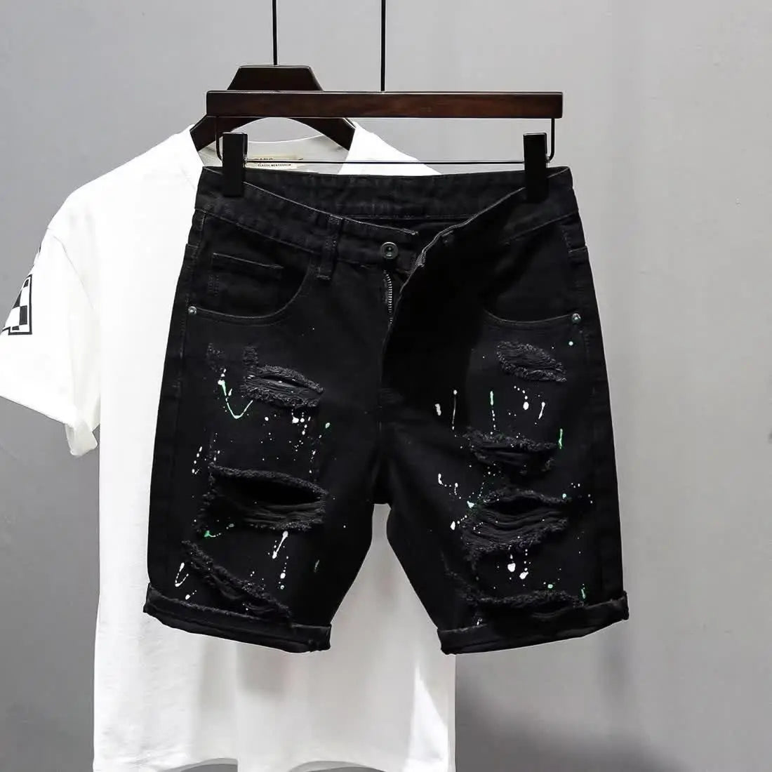 Summer Casual Men's Denim Shorts Korean Straight Washed Jeans Short Ins Ripped Cat Whisker Ink Splash Plaid Black Five-Pants black