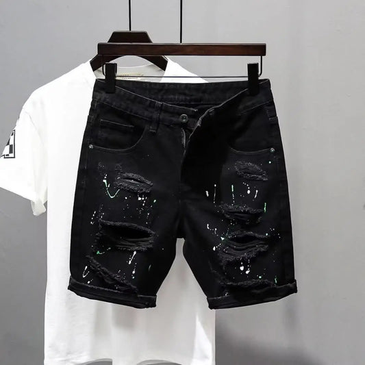 Summer Casual Men's Denim Shorts Korean Straight Washed Jeans Short Ins Ripped Cat Whisker Ink Splash Plaid Black Five-Pants black
